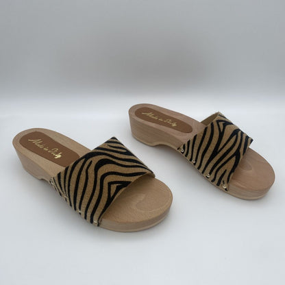 Zebra Print Wooden Mules with Open Toe