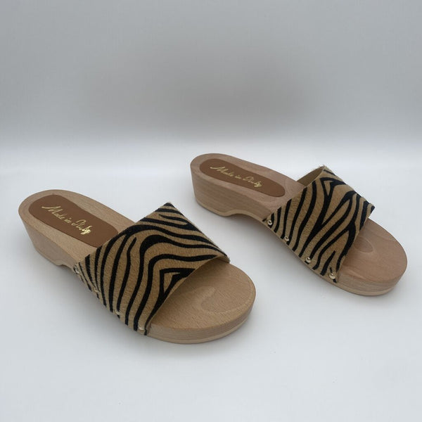 Zebra Print Wooden Mules with Open Toe
