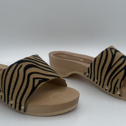 Zebra Print Wooden Mules with Open Toe