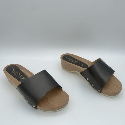 Black Leather Slide Sandals with Wooden Block Heel