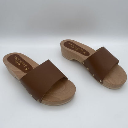 Brown Wooden Slide Sandals with Stud Accents