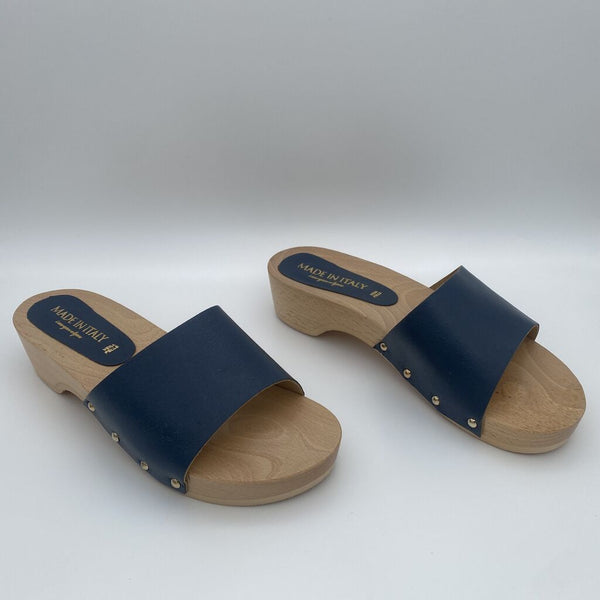 Navy Leather Wooden Slide Sandals with Stud Accents