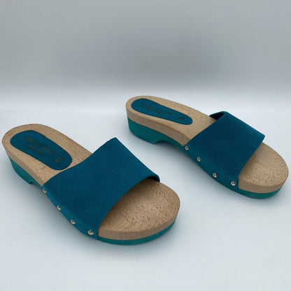 Teal Suede Slide Sandals with Wooden Sole