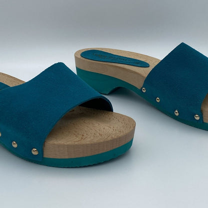 Teal Suede Slide Sandals with Wooden Sole