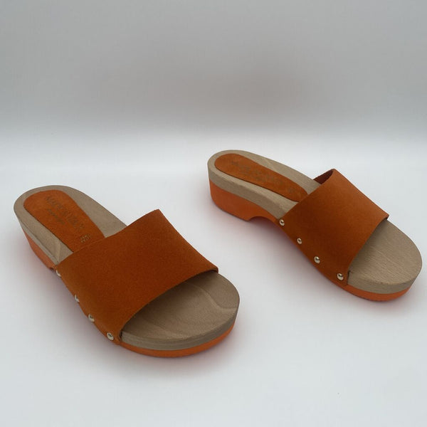 Orange Suede Slide Sandals with Wooden Heel