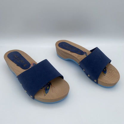 Blue Suede Slide Sandals with Wooden Sole