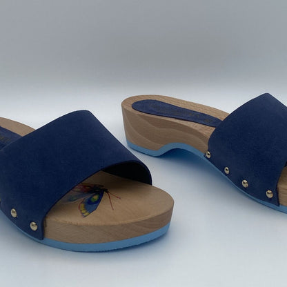 Blue Suede Slide Sandals with Wooden Sole