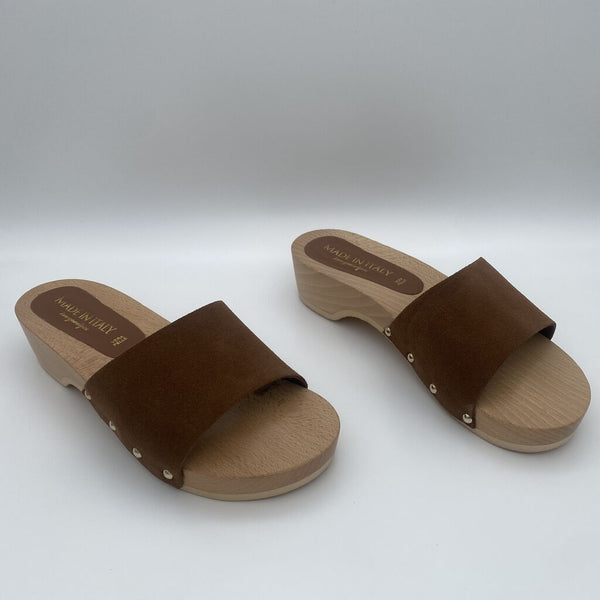 Brown Suede Clog Sandals with Wooden Sole