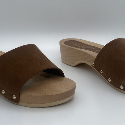 Brown Suede Clog Sandals with Wooden Sole