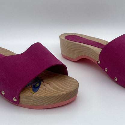 Fuchsia Wooden Slide Sandals with Rivet Detail