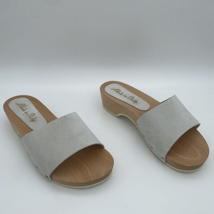 Beige Suede Slide Sandals with Wooden Heel