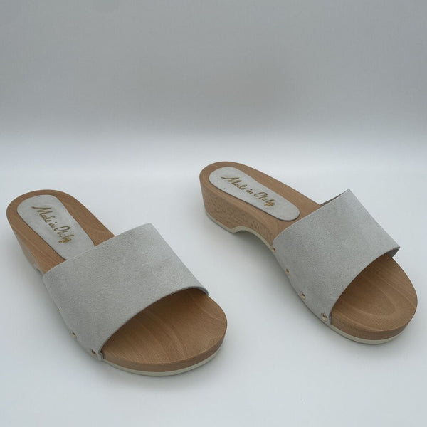 Beige Suede Slide Sandals with Wooden Heel