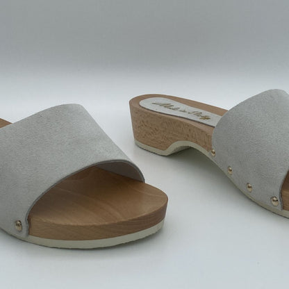 Beige Suede Slide Sandals with Wooden Heel