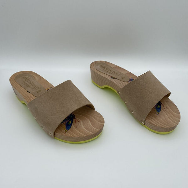 Beige Suede Slide Sandals with Wooden Sole