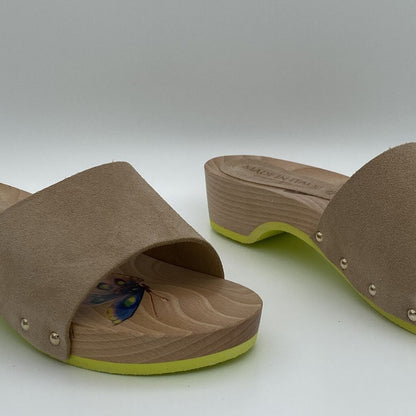 Beige Suede Slide Sandals with Wooden Sole
