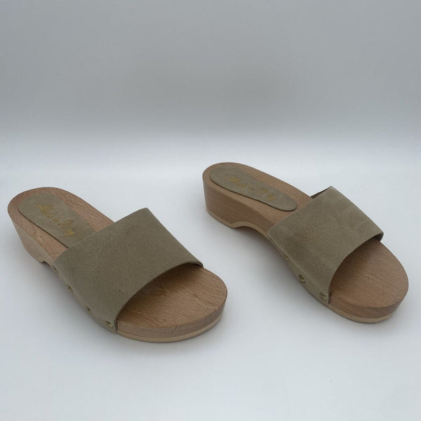 Beige Wooden Slip-On Sandals with Block Heel