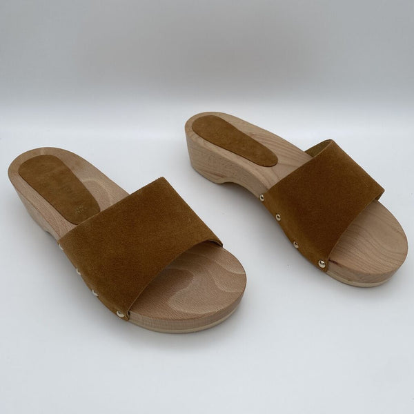Tan Suede Slide Sandals with Wooden Platform