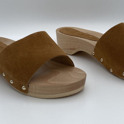 Tan Suede Slide Sandals with Wooden Platform