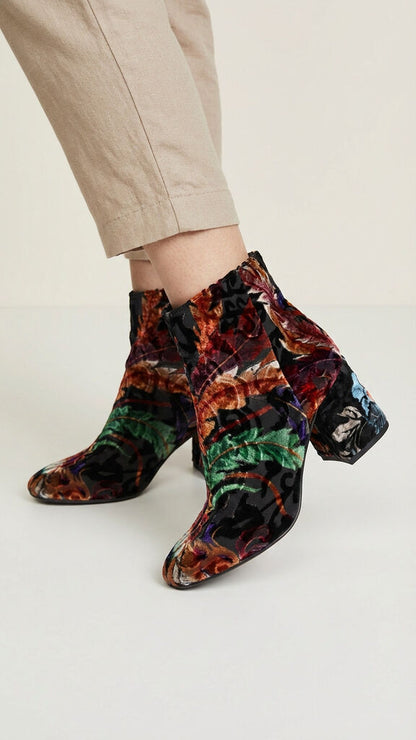 Multicolor Velvet Ankle Boot with Block Heel