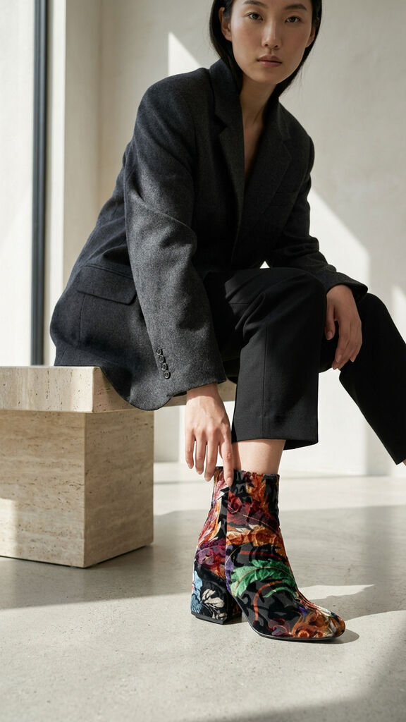 Multicolor Velvet Ankle Boot with Block Heel