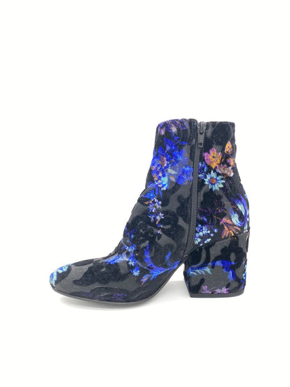 Black Velvet Ankle Boot with Floral Print