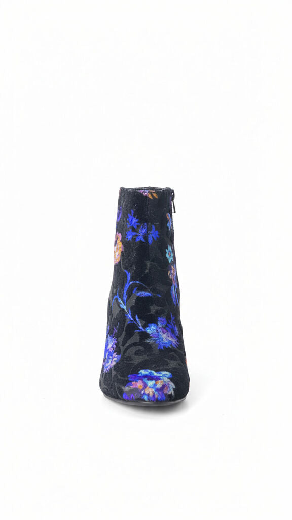 Black Velvet Ankle Boot with Floral Print