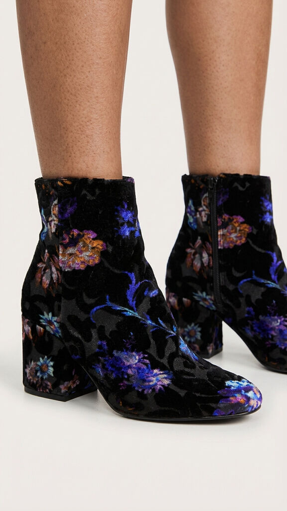 Black Velvet Ankle Boot with Floral Print