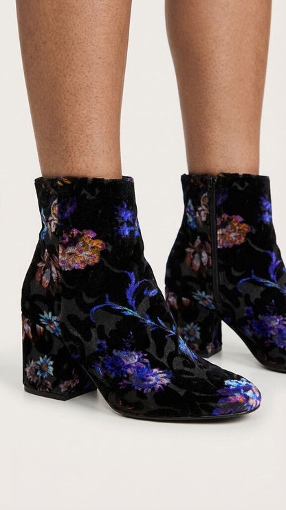 Black Velvet Ankle Boot with Floral Print