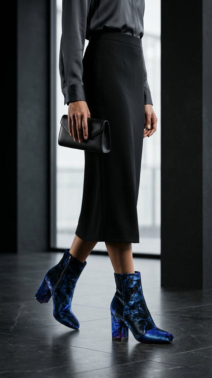 Blue Velvet Ankle Boots with Block Heel