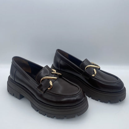 Brown Leather Loafers with Gold Chain Detail