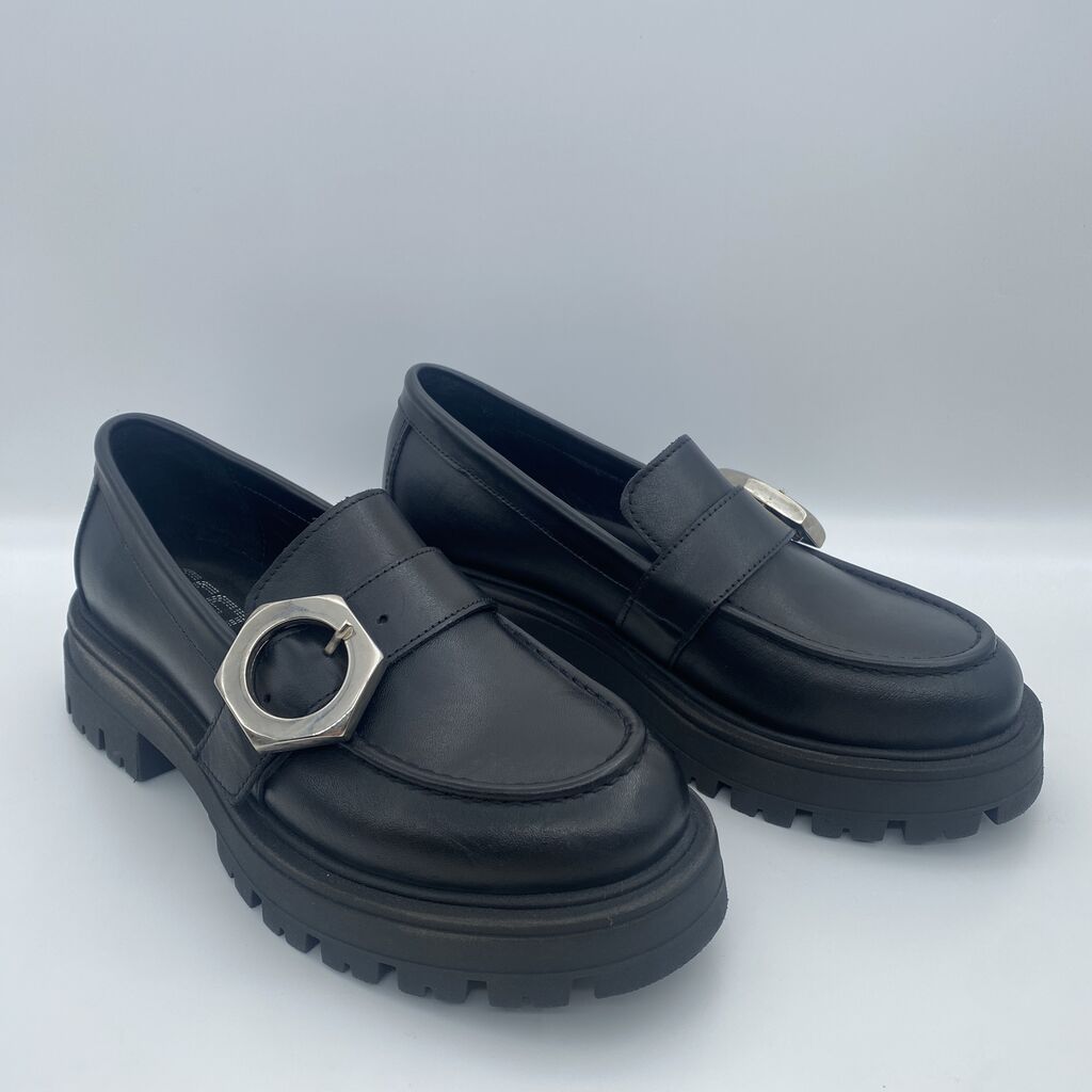Black Leather Loafers with Chunky Sole and Buckle Detail