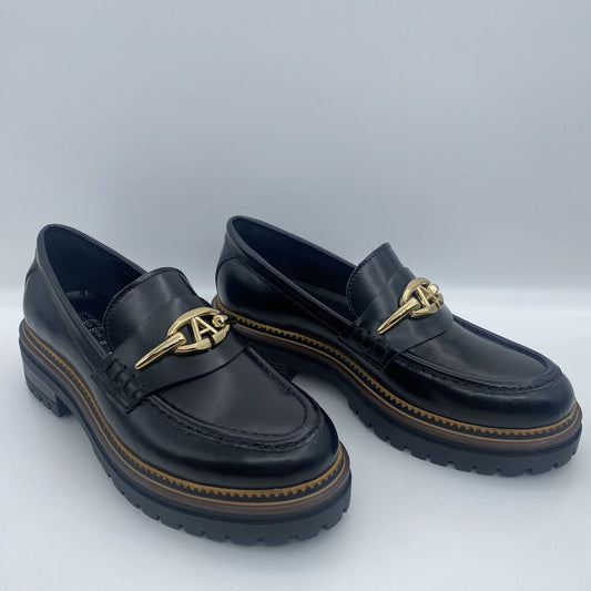Black Leather Loafers with Gold Accent