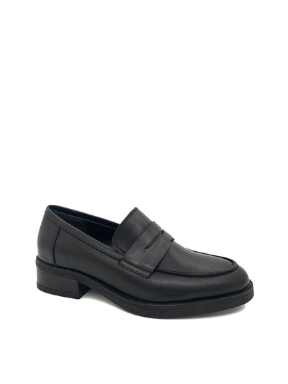 Black Leather Loafers with Stacked Heel