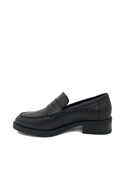 Black Leather Loafers with Stacked Heel