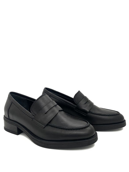 Black Leather Loafers with Stacked Heel