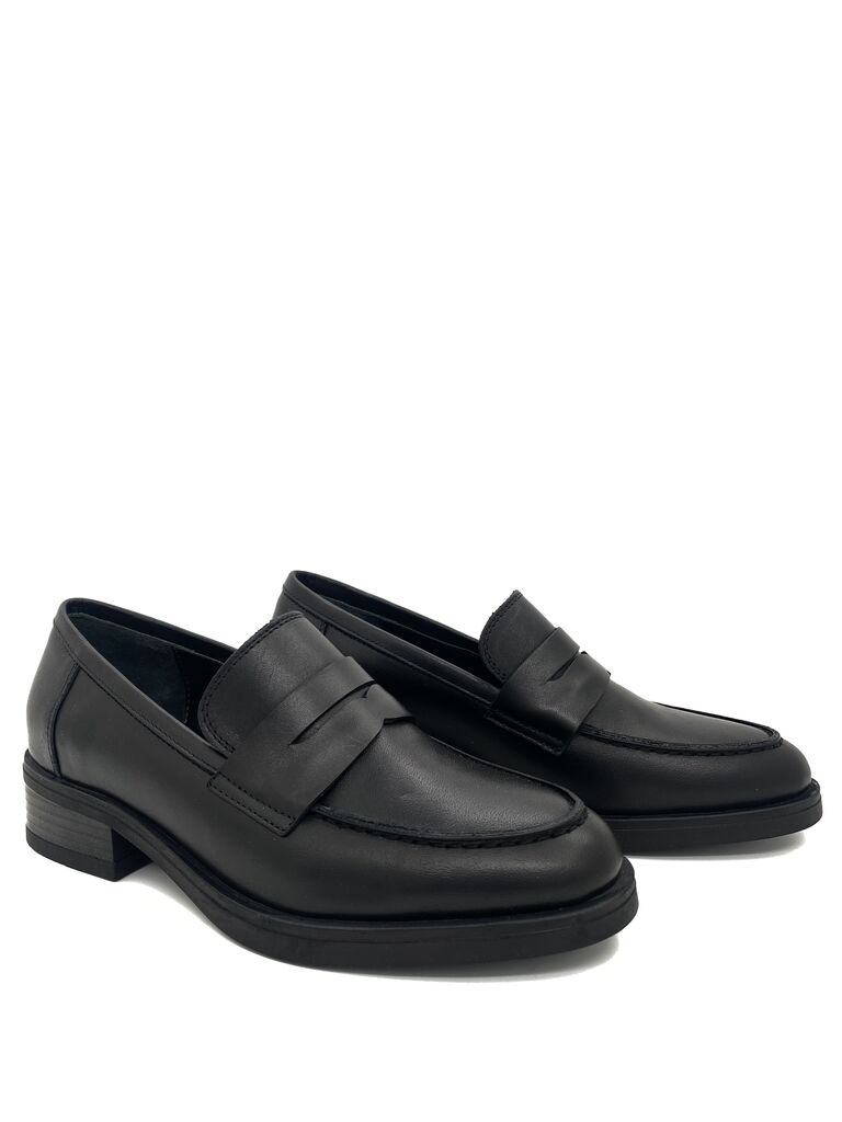 Black Leather Loafers with Stacked Heel