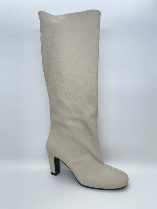Cream Textured Knee-High Boots with Block Heel