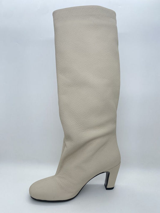 Cream Textured Knee-High Boots with Block Heel