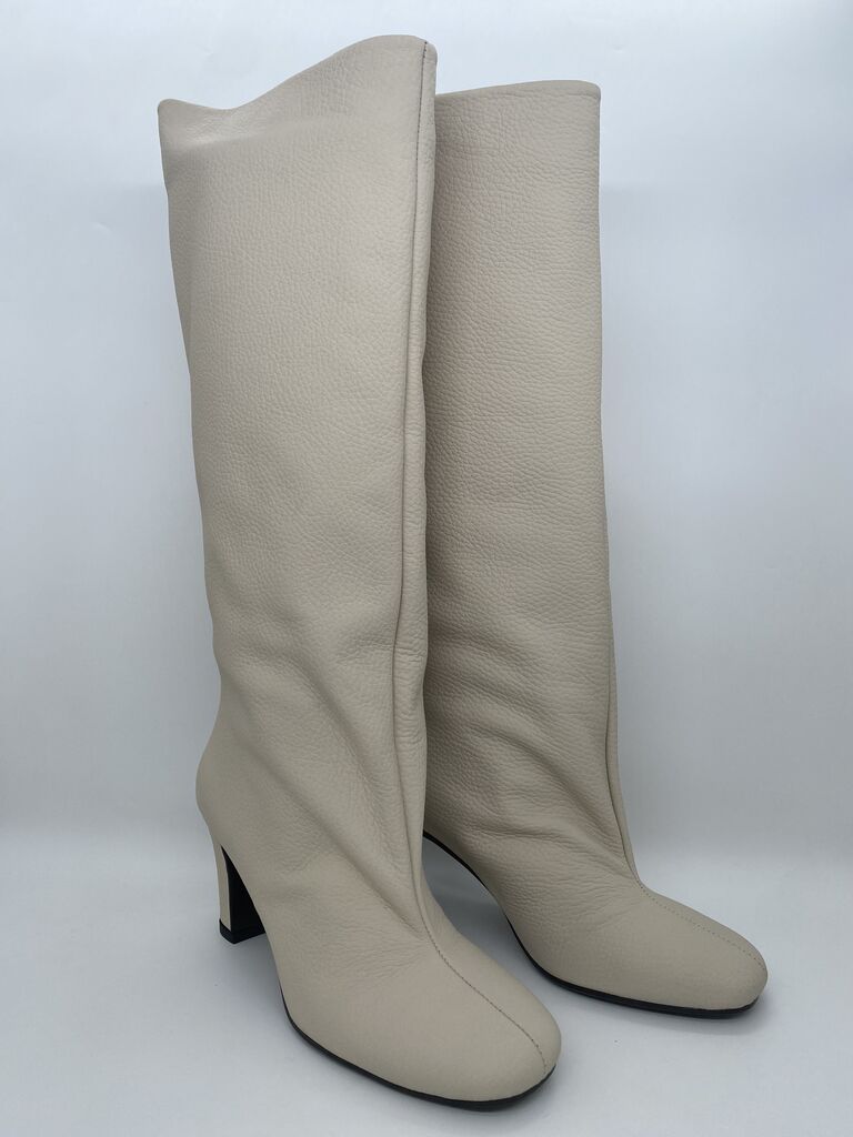Cream Textured Knee-High Boots with Block Heel