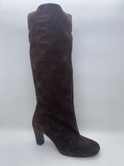 Chocolate Suede Knee-High Boot with Block Heel