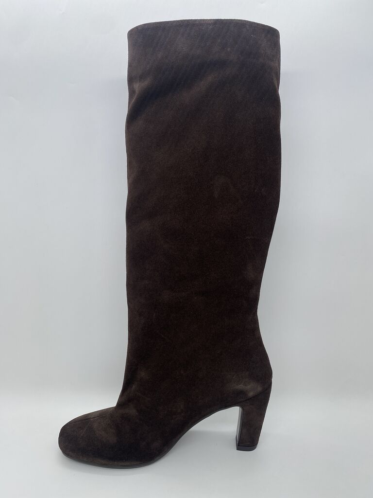Chocolate Suede Knee-High Boot with Block Heel