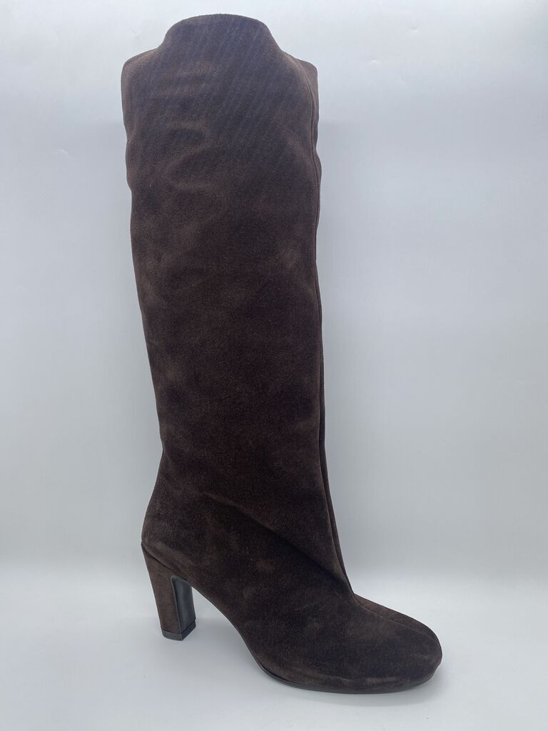 Chocolate Suede Knee-High Boot with Block Heel