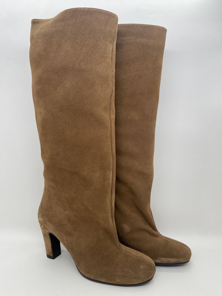 Brown Suede Tall Boot with Block Heel