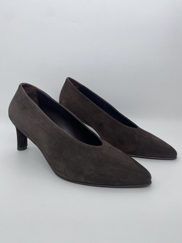 Charcoal Suede Pointed Pumps with Slim Heel
