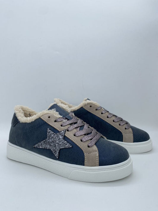 Navy Suede Sneakers with Sparkle Star Detail