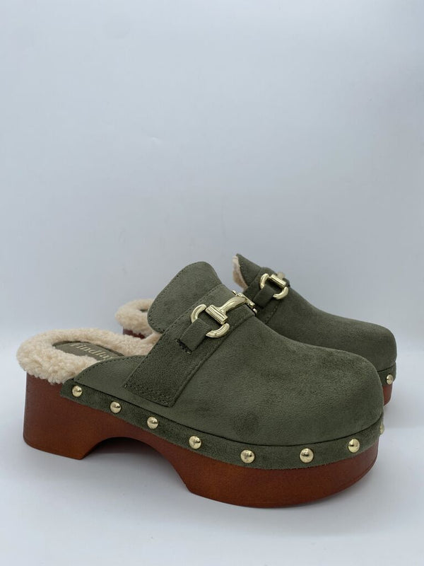 Olive Suede Clogs with Gold Hardware