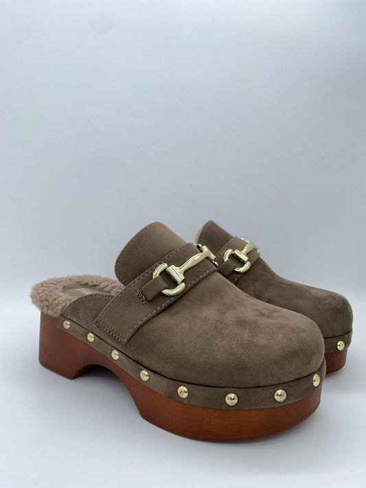 Taupe Suede Clogs with Gold Hardware
