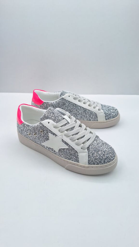 Silver Glitter Low-Top Sneakers with Pink Accent