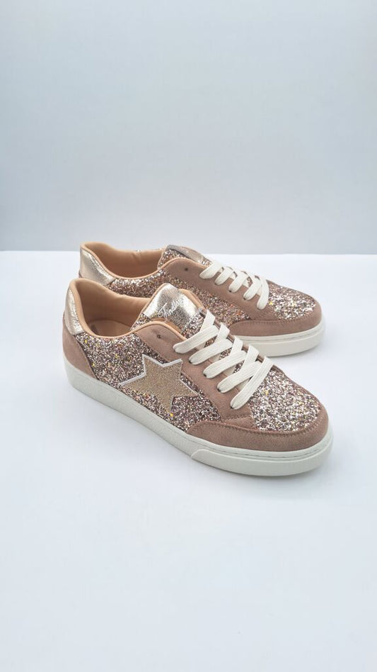 Pink Glitter Low-Top Sneakers with Star Detail