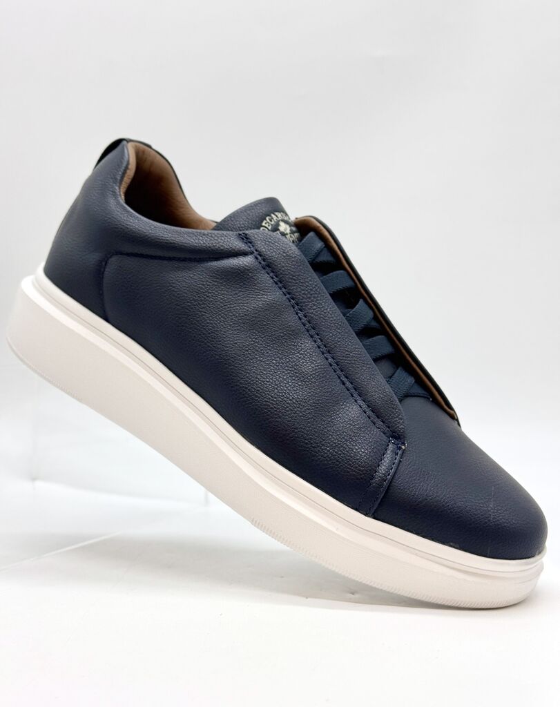 Navy Textured Leather Sneakers with Hidden Laces